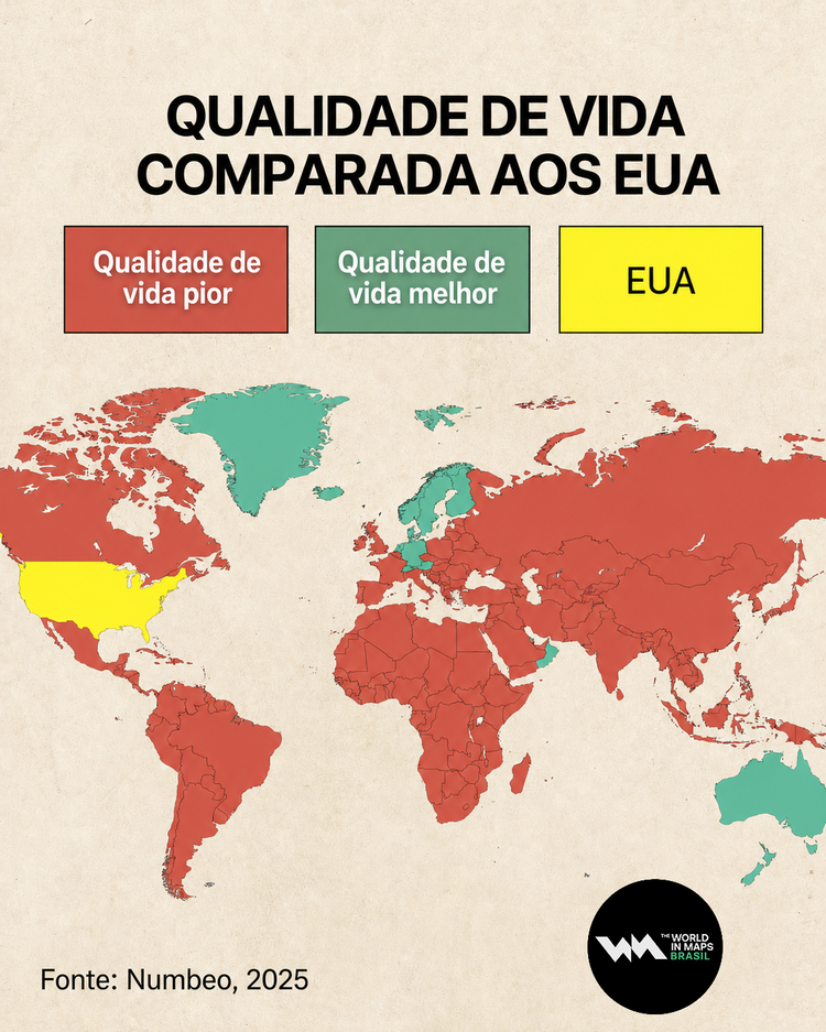 Mapa compara a qualidade de vida nos Estados Unidos com o de outros países