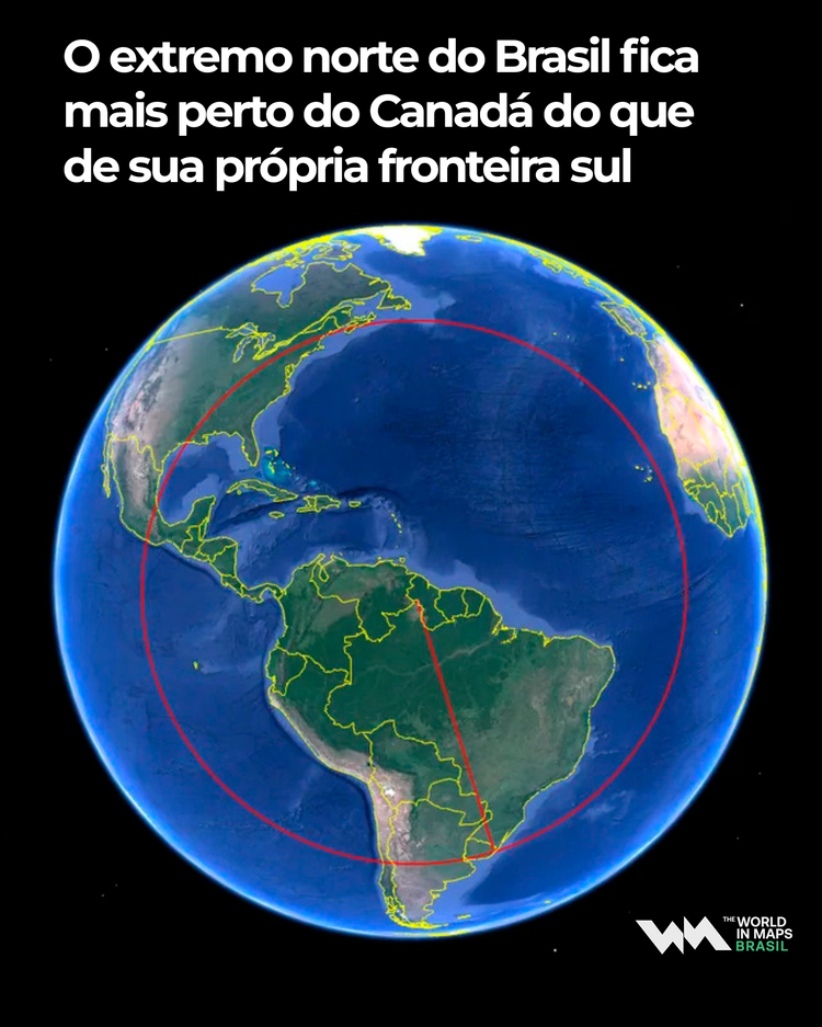 Mapa mostra fronteira do extremo norte do Brasil com o Canadá