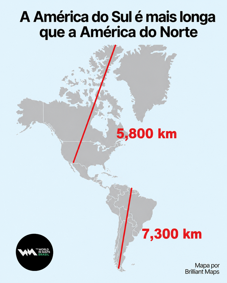 Mapa mostra o tamanho da América do Sul comparado a América do Norte