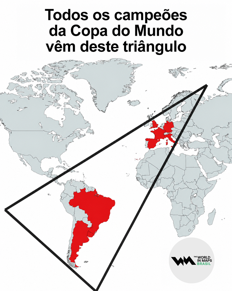 Mapa mostra a localização geográfica de todos os países que venceram a Copa do Mundo