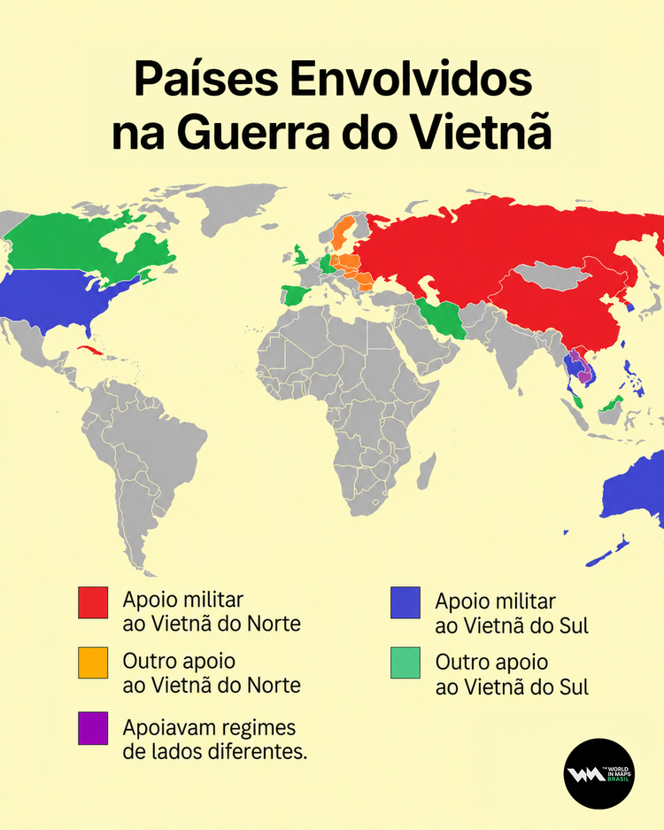 Mapa mostra a participação de cada país envolvido na Guerra do Vietnã