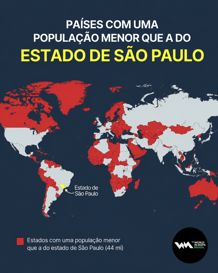 Mapa mostra quais países possuem uma população menor que a do estado de São Paulo