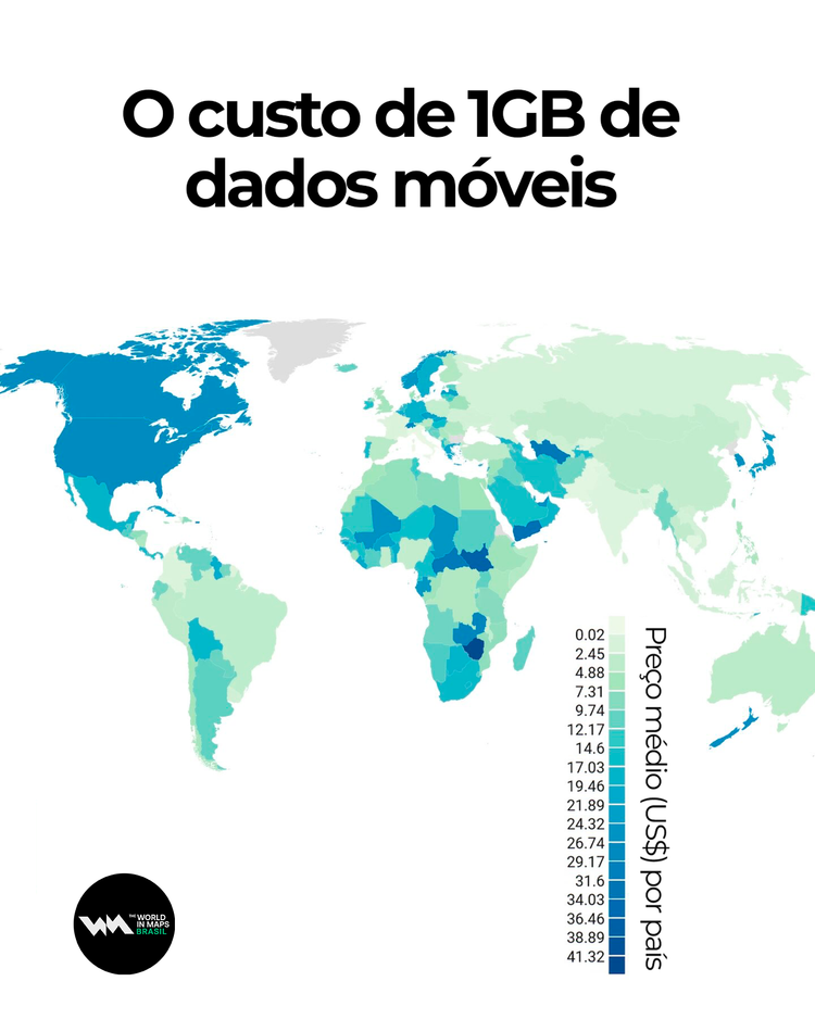 Mapa que mostra o custo de 1 GB de dados moveis ao redor do mundo