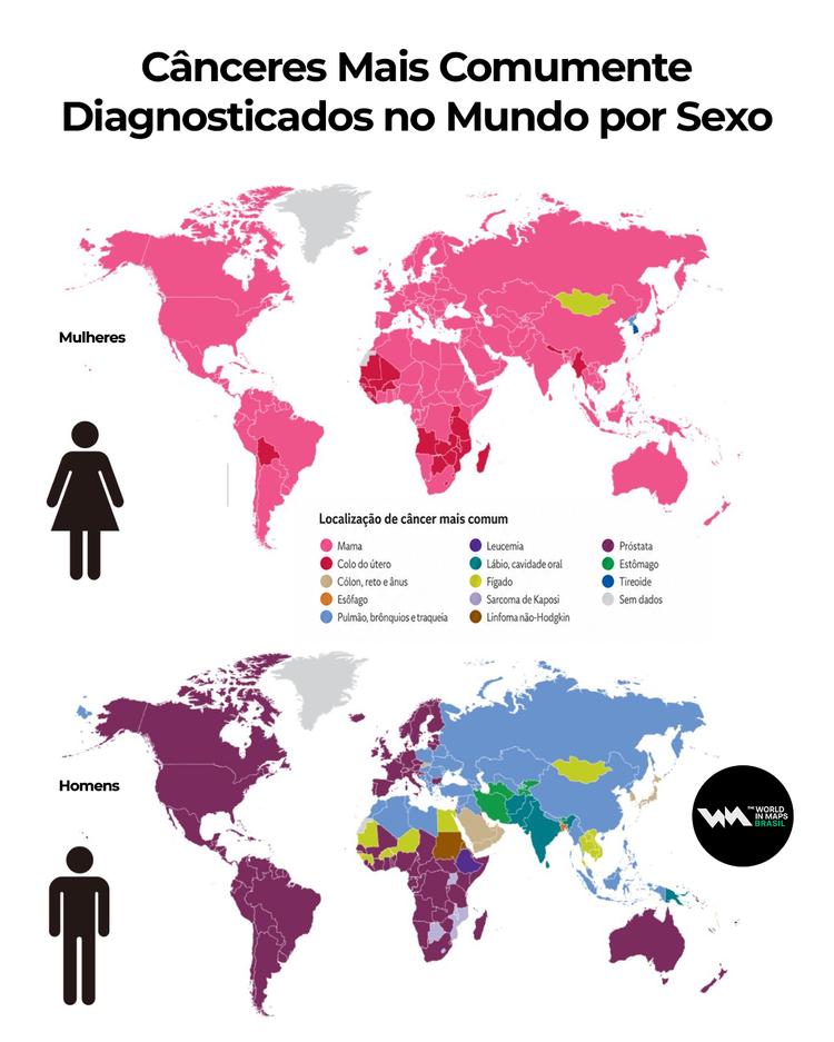 Mapa com os tipos de câncer mais comuns por país e por sexo