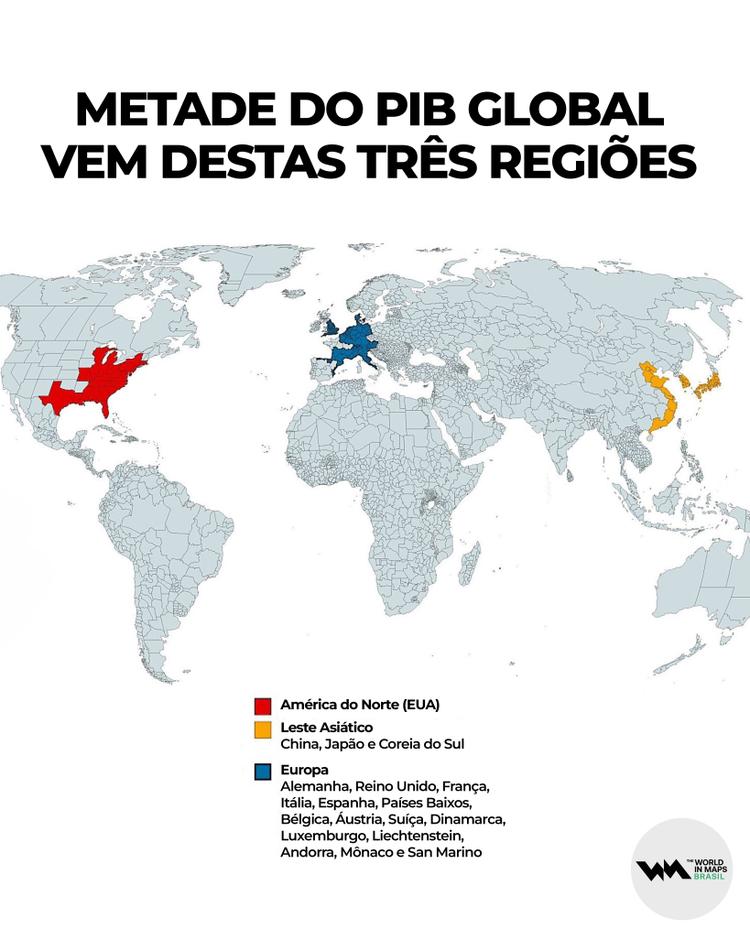 Metade da economia mundial está concentrada em apenas três regiões relativamente pequenas 

Os Estados Unidos, o núcleo econômico da Europa Ocidental e as potências do Leste Asiático — China, Japão e Coreia do Sul — geram, juntos, cerca de 50% do PIB global.
