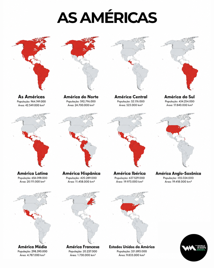 Mapa das diferentes denominações e divisões do continente americano