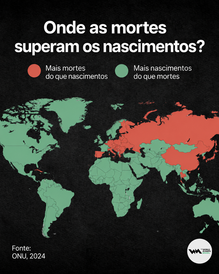 Mapa mostra onde as mortes superam os nascimentos