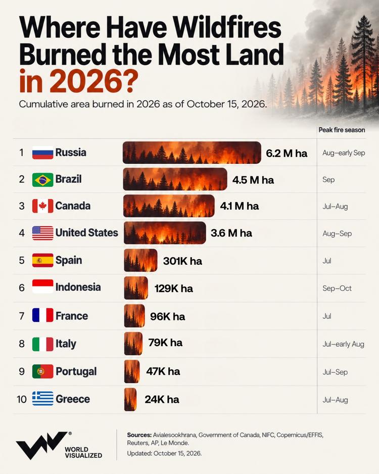 Wildfires in 2026: Russia, Brazil and Canada among countries with most land burned